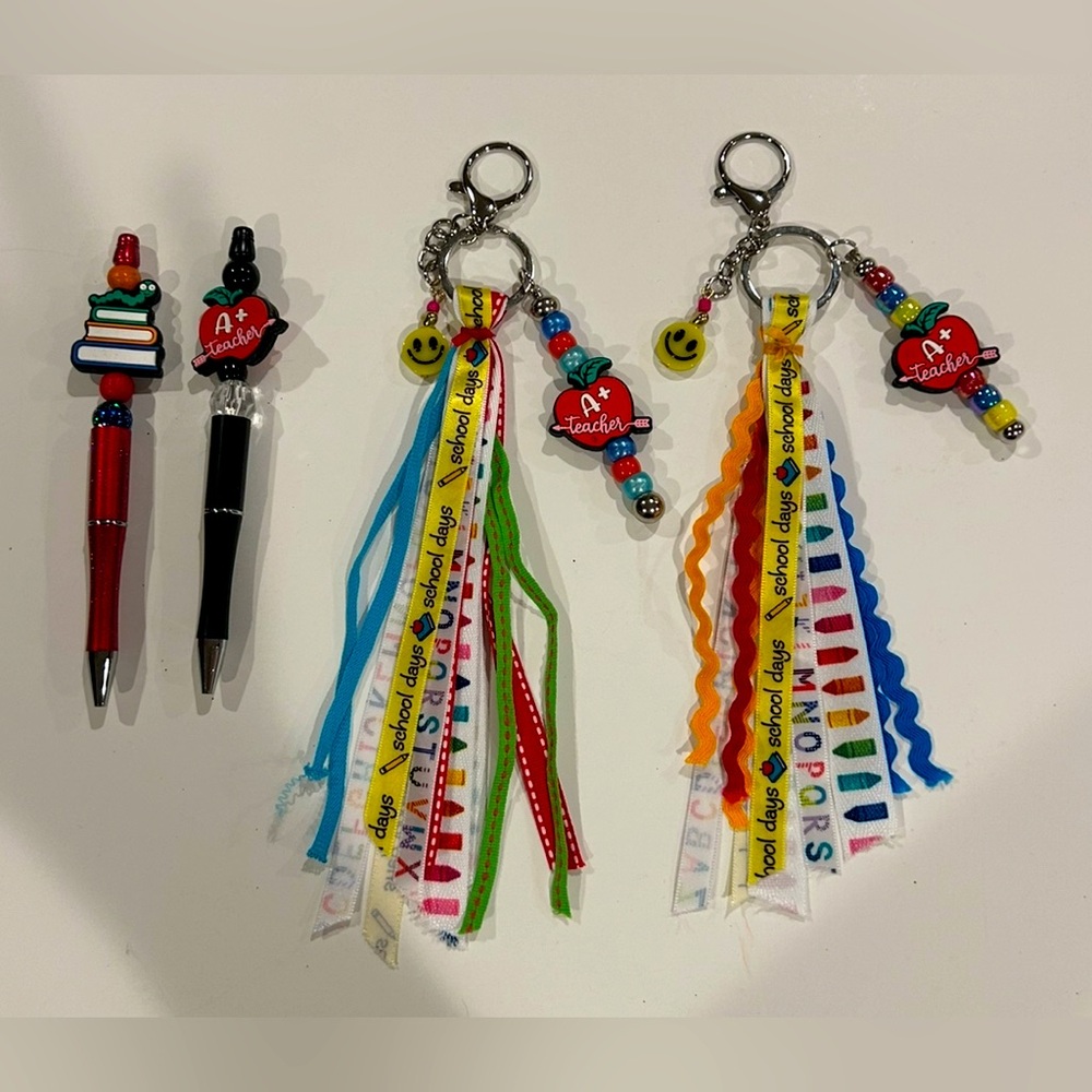Handcrafted Teacher Keychain and Pens with Colorful Ribbons